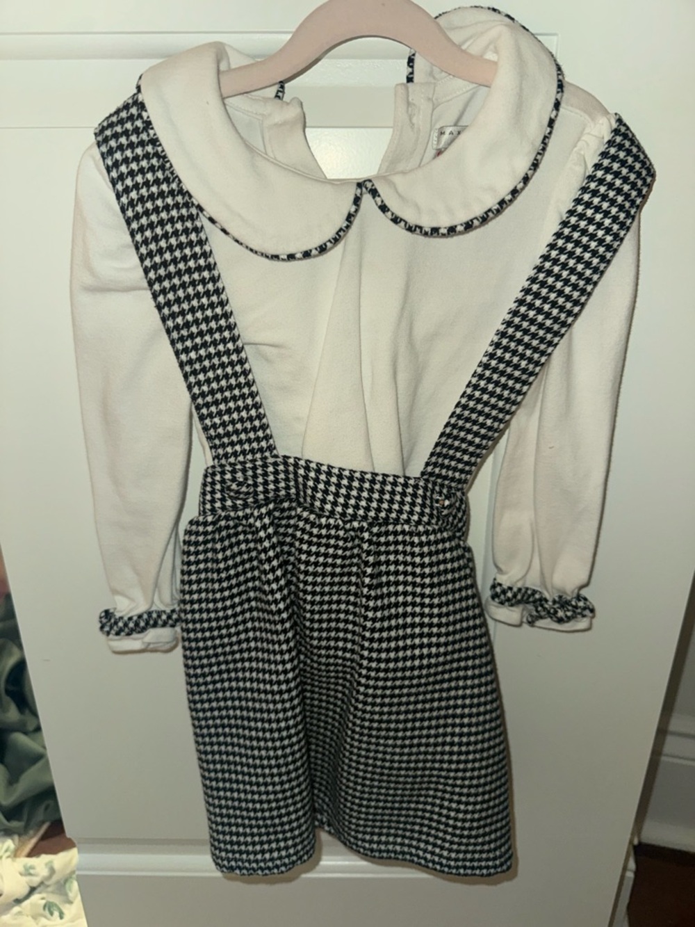 Classic Black & White Houndstooth Suspender Dress with Cream Blouse - Kids